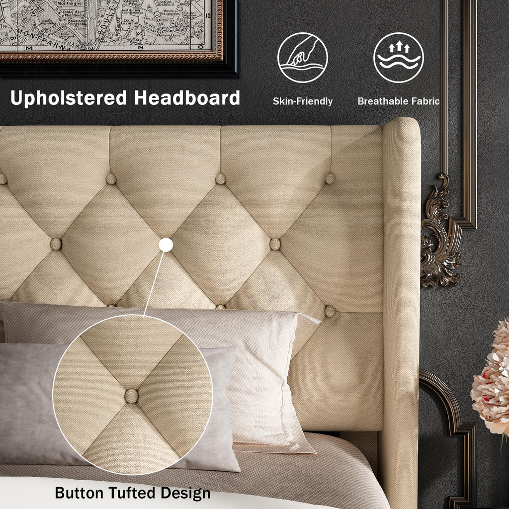 Queen Size Beige Upholstered Platform Bed Frame L82782
